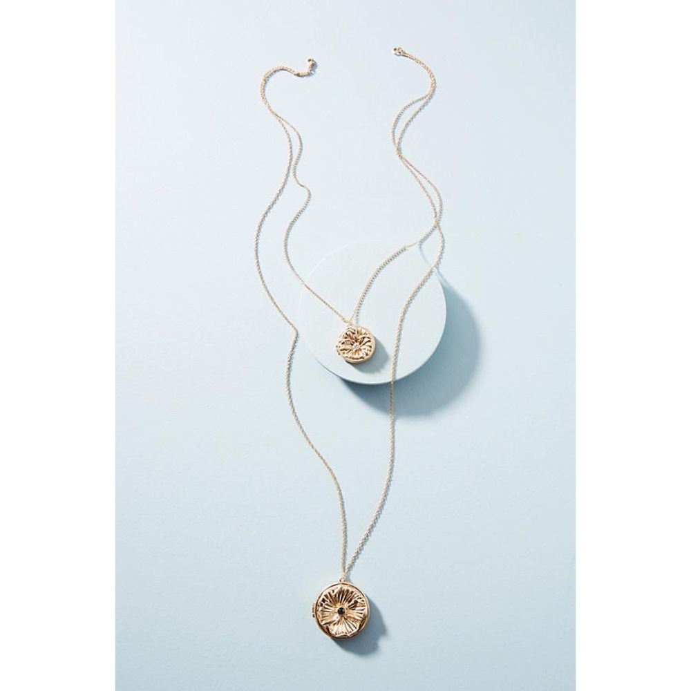Anthropologie Gold Floral Layered Locket Necklace - Picture 2 of 8